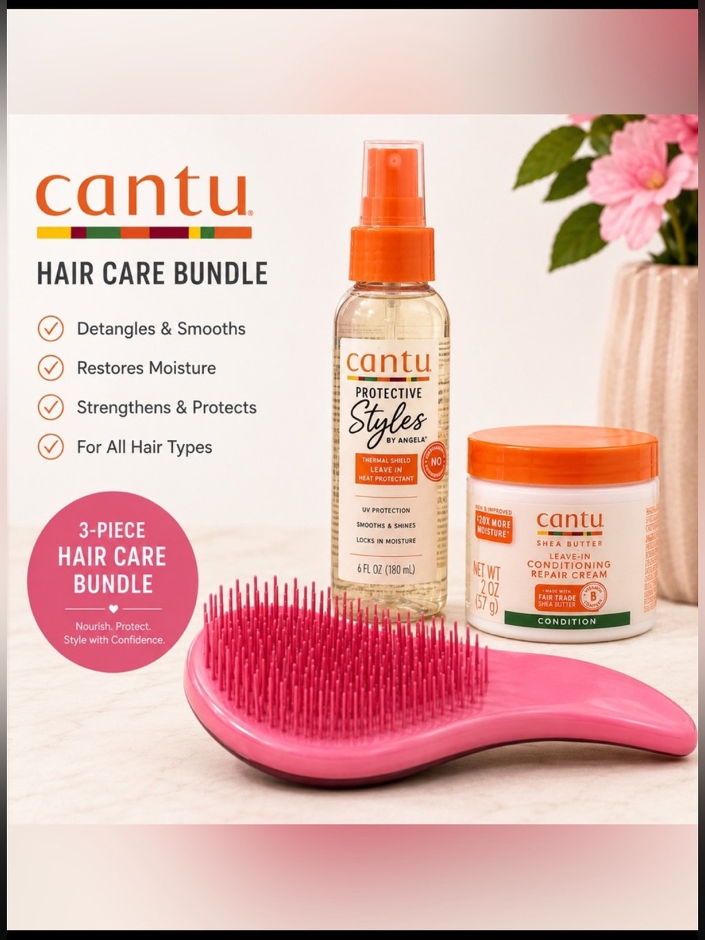 Cantu Hair Conditioner, Hair Perfume + Detangler brush